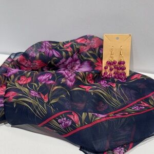 Floral Navy and Purple Scarf with Purple pierced Earrings accented red flowers